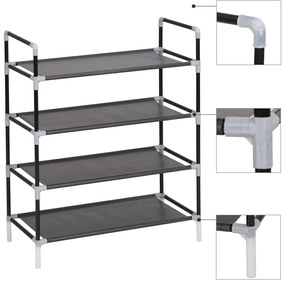Regál na topánky so 4 policami, kov a netkaná textília, čierny