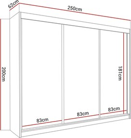 ŠATNÍKOVÁ SKRIŇA S POSUVNÝMI DVERAMI NINA JASEŇ TMAVÝ + ZRKADLO 250 cm