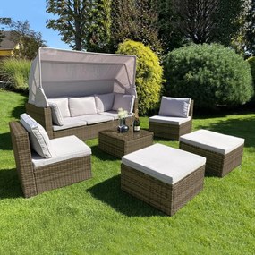 Ratanový sofa set so skladacou strieškou BELVEDERE - Hnedá / Sivá