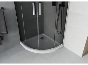 Mexen Rio, štvrťkruhový sprchovací kút s posuvnými dverami 80 x 80 cm, 6mm šedé sklo, chrómový profil + biela sprchová vanička, 863-080-080-01-40-4110