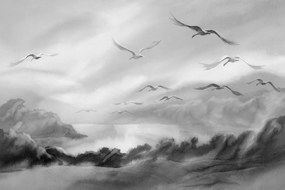 Samolepiaca tapeta odlietajúce vtáky nad jazerom v čiernobielom prevedení