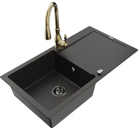 Mexen Leo, 1-komorový granitový drez 900x500x190 mm a drezová batéria Savita, čierna-zlatá metalíza, 6501-75-672601-50-B