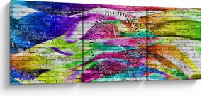 Obraz - Tehlový múr s farebnými plameňmi (s hodinami) (90x30 cm)