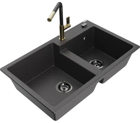 Mexen Tomas, 2-komorový granitový drez 800x500x190 mm a drezová batéria Flora, čierna škvrnitá, 6516-76-670401-75-B