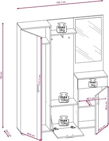 Předsíňová stěna Trio se zrcadlem 145 cm dub Artisan/bílá