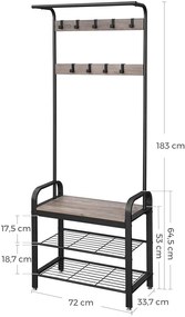 VASAGLE Predsieňový vešiak s botníkom sivé drevo 72 x 183 x 34 cm