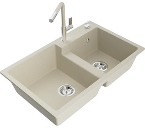 Mexen Tomas, 2-komorový granitový drez 800x500x190 mm a drezová batéria Flora, béžová, 6516-69-670401-09