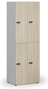 Drevená šatníková skrinka S4 s úložnými boxmi, 4 boxy, demont, mechanický kódový zámok, sivá/dub prírodný