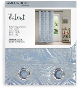 Záves AmeliaHome Velvet Silver Leaves s priechodkami 140x245 cm modrý
