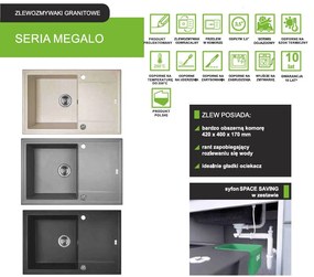 Laveo Megalo, 1-komorový granitový drez 780x500x185 mm, čierna, LAV-SBE_711T