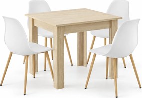 Jedálenský set: Stôl NP 80×80 cm sonoma + 4 ks WAT stoličky, biele/prírodné nohy