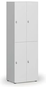 Drevená šatníková skrinka s úložnými boxmi, 4 boxy, otočný zámok, sivá/biela