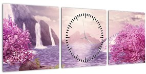 Obraz ružových stromov s jazerom (s hodinami) (90x30 cm)