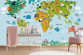 Tapeta detská mapa sveta so zvieratkami - 150x100