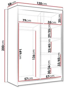 Šatníková skriňa s posuvnými dverami Varentona III 120 (čierna + biela + zlatá) (so zrkadlom). Vlastná spoľahlivá doprava až k Vám domov. 1105756