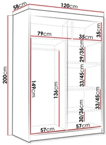 Šatníková skriňa s posuvnými dverami Varentona III 120 (biela + čierna + zlatá) (so zrkadlom). Vlastná spoľahlivá doprava až k Vám domov. 1105755
