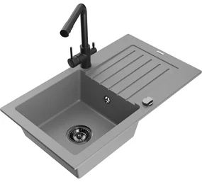 Mexen Pablo, granitový drez 752x436x161 mm, 1-komorový a šedá batéria Duero, šedá, 6510-71-671600-70-B