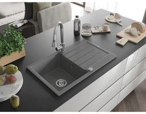 Mexen Bruno, 1-komorový granitový drez 795x495x200 mm a drezová batéria Elia, šedá, 6513-71-670101-00