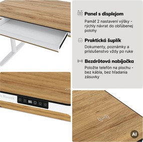 Elektrický písací stôl sit-stand so zásuvkou a bezdrôtovou nabíjačkou Qi biely/zlatý dub, 1400 mm: ELLIS