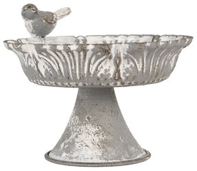 Šedý antik plechový etažér / podnos s vtáčikom - 13*12*10 cm