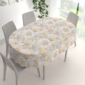 Biante Bavlnený oválny obrus Sandra SA-745 Sivo-horčicové ginkgo listy na bielom 140x180 cm