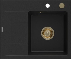 Mexen Ben, 1-komorový granitový drez 600x500x190 mm, pravý + zlatý sifón, čierna, 6523605000-77-G