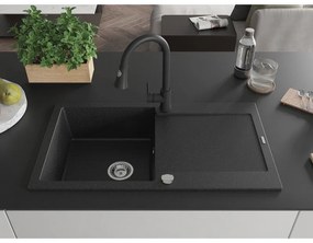 Mexen Leo, 1-komorový granitový drez 900x500x190 mm a drezová batéria Elia, čierna-strieborná metalíza, 6501-73-670101-70