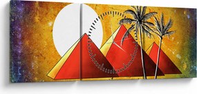 Obraz maľovaných egyptských pyramíd (s hodinami) (90x30 cm)