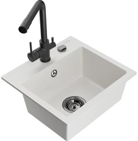 Mexen Milo, granitový drez 435x410x171 mm, 1-komorový a čierna batéria Duero, biela, 6505-20-671600-70