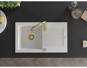 Mexen Pablo, 1-komorový granitový drez 752x436x161 mm a drezová batéria Savita, biela, 6510-20-672601-50