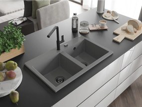 Mexen Hektor, 2-komorový granitový drez 800x480x205 mm, šedá, grafitový sifón, 6521802000-71-B