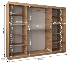 Šatníková skriňa 250 cm Verika 1 250 (dub artisan + biela). Vlastná spoľahlivá doprava až k Vám domov. 1063740