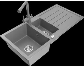 Mexen Andres granitový 1,5-komorový drez s odkvapkávačom a kuchynskou batériou Duero, Šedá - 6515-71-671600-71