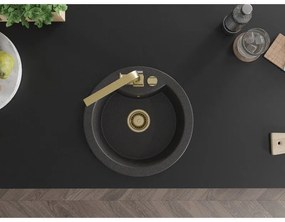 Mexen Diego, 1-komorový granitový drez 488x488x167 mm, zlatý sifón, zlatá matná batéria Rita, čierna škvrnitá, 6512-76-670300-50