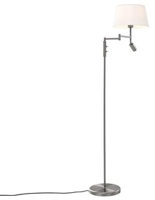 Stojaca lampa z ocele s bielym tienidlom a nastaviteľným svetlom na čítanie - Ladas