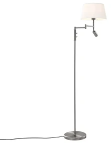 Stojaca lampa z ocele s bielym tienidlom a nastaviteľným svetlom na čítanie - Ladas