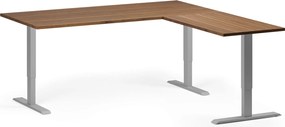 Výškovo nastaviteľný stôl, 180x180 cm, 3 motory, L/P, sivá podnož, orech