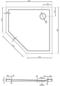 Mexen Flow, päťuholníková sprchová vanička slim 90 x 90 cm, čierna matná, 46P709090