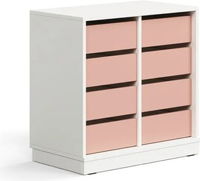Úložná skrinka CASPER, 8 zásuviek, so soklom, biela/tmavoružová