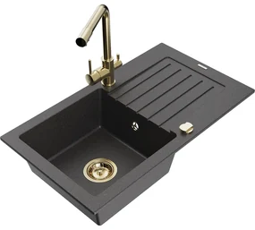 Mexen Pablo, granitový drez 752x436x161 mm, 1-komorový a zlatá batéria Duero, čierna škvrnitá, 6510-76-671600-50