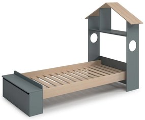 Domčeková detská posteľ v dekore borovice s úložným priestorom s roštom 90x190 cm v prírodnej farbe/sivozelená Odessa – Marckeric