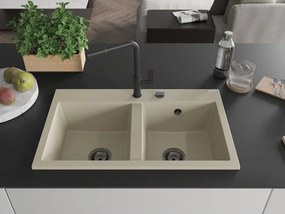 Mexen Hektor, 2-komorový granitový drez 800x480x205 mm, béžová, grafitový sifón, 6521802000-69-B