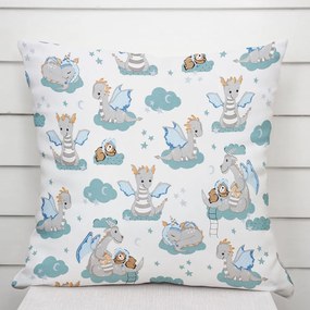 Biante Detská bavlnená obliečka na vankúš Sandra SA-689 Dráčikovia s medvedíkmi na modrozelených obláčikoch na bielom 45 x 45 cm