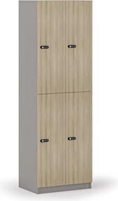 Drevená šatníková skrinka S4 s úložnými boxmi, 4 boxy, demont, mechanický kódový zámok, sivá/dub prírodný