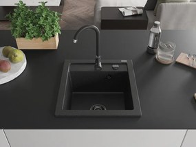 Mexen Vito, granitový drez 520x490x210 mm, 1-komorový, čierna-strieborná metalíza s čiernym sifónom, 6503521000-73-B