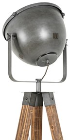 Priemyselná stojaca lampa trojnožka oceľ s dreveným sklonom - Emado