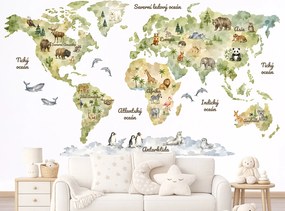 Akvarelová mapa sveta so zvieratkami detské nálepky na stenu výsledný rozmer 109 x 62 cm