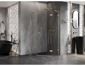 Mexen Lunar, L pravý výklopný päťuholníkový sprchový kút 100x100 cm, 8mm číre sklo, zlatý matný profil, 831L-100P-100L-55-00-P
