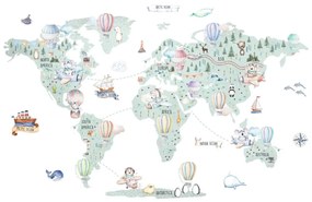 Nálepka na stenu mapa sveta - Balóny a dopravné prostriedky