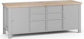 Dielenský pracovný stôl G7, buková škárovka, 2100 x 685 x 840 mm, 2x skrinka, 6 zásuviek, sivá